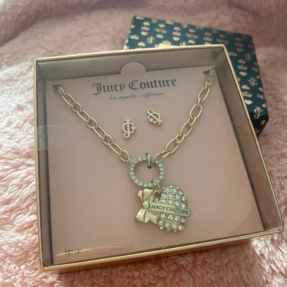 Juicy Couture Necklace Heart Bow Rhinestone Gold Charm and JC Logo Earrings Set